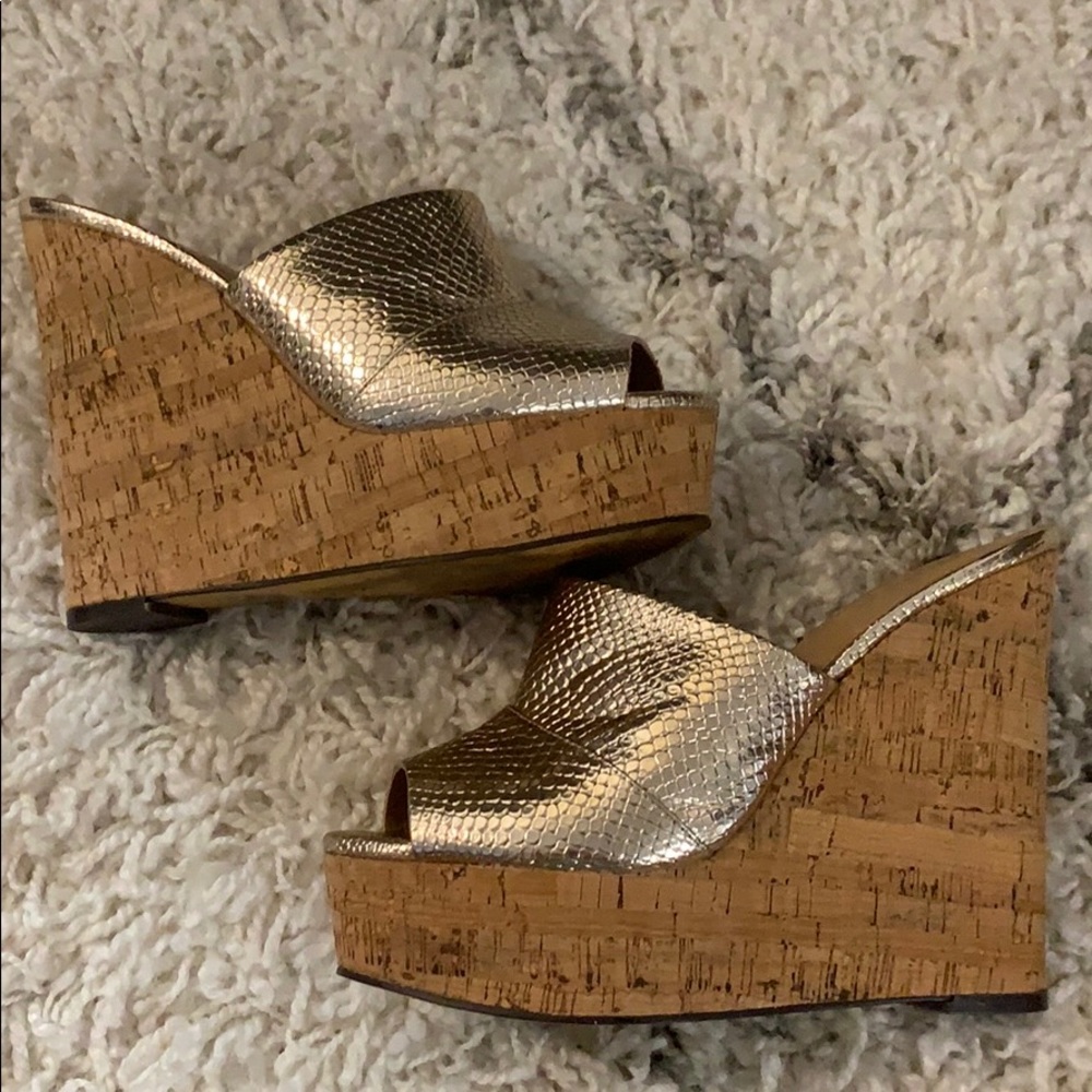 Express Gold Platform Cork Wedge Sandals